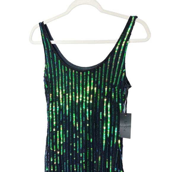 h:ours NWT Revolve Zafiro Sequin Green Iridescent Asymmetric Hem Midi Dress - Picture 4 of 10